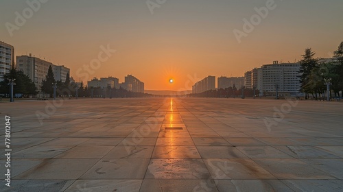 Sunrise on Empty City Square with Shadows