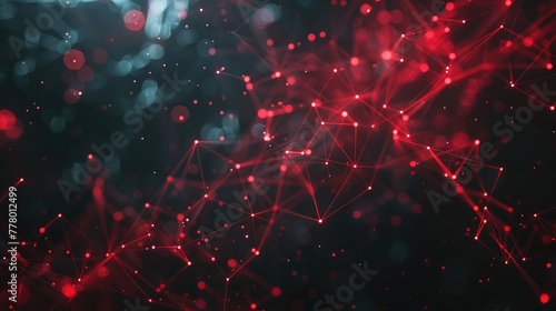 Abstract polygonal space low poly dark background with connecting dots and lines. Connection structure. Abstract 3d rendering of connection structure with red spheres on dark background.