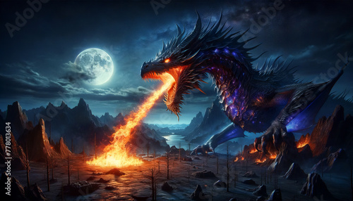 Ferocious Dragon Exhaling Fire into Night Sky Over Barren Landscape with Moon