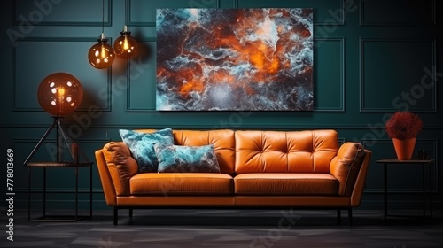 A living room with a brown couch and a painting of a galaxy on the wall. The couch is covered in pillows and there is a vase on a table. The room has a modern and cozy feel