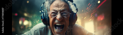 Senior with headset, laughing at screen, bright light, tight shot, high emotion detail--no grunge, splash, dust photo
