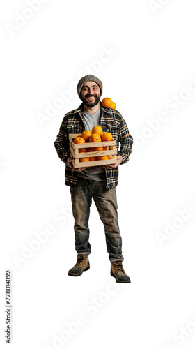 A smiling man stands holding a crate of oranges. © suteeda