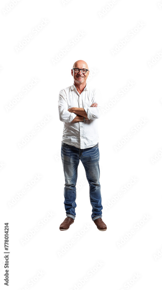 A fully bald man smiles at the camera, arms crossed on his chest. A fully bald man smiles at the camera, arms crossed on his chest.