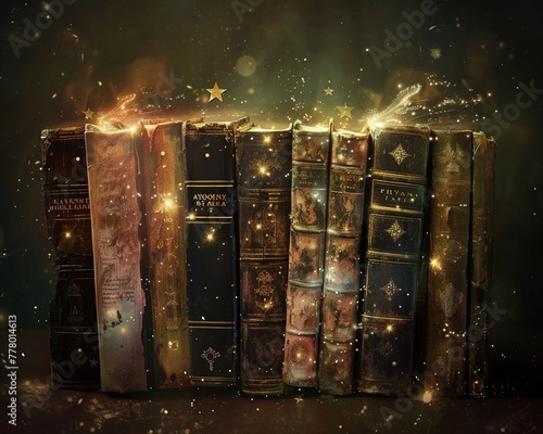 A series of enchanted books, each open to a page with a different number of glowing stars above it, indicating reviews , no grunge, splash, dust photo
