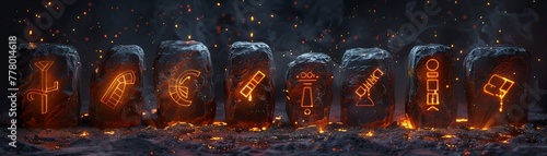 A set of ancient runes glowing on a stone tablet, each symbol representing a different metric or key performance indicator , no grunge, splash, dust photo