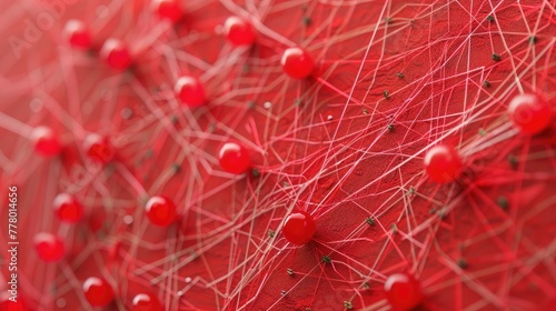 LUS Red pins and thread network model on a pinboard  Molecule structure. Connected lines with dots Abstract futuristic red structure  Technologies 