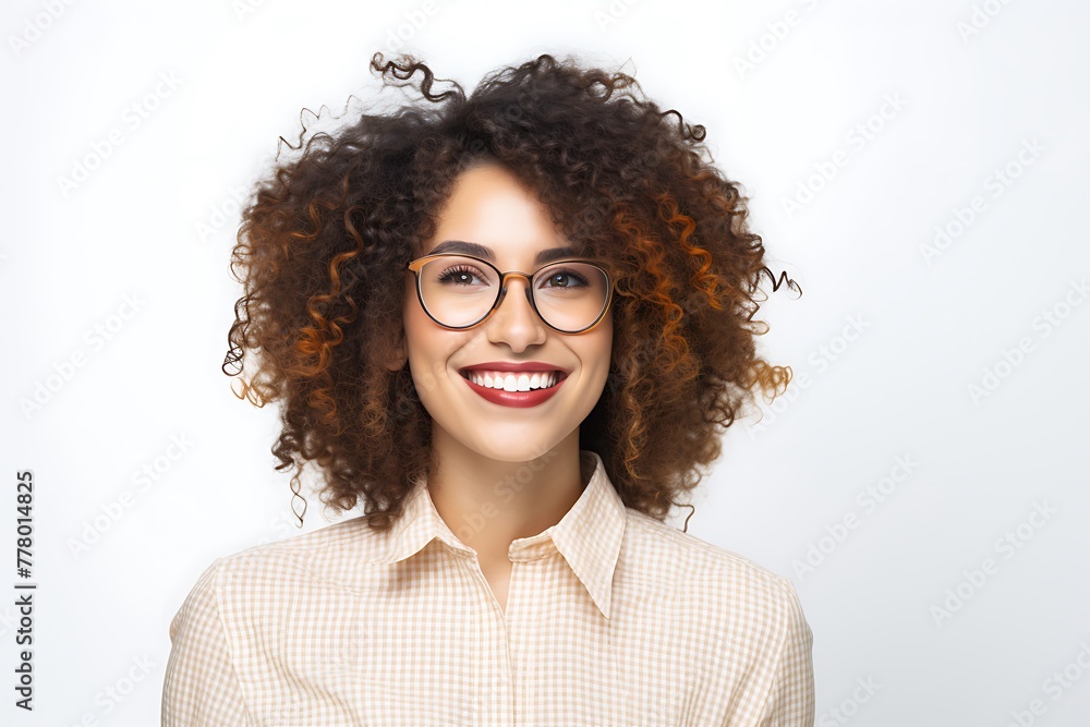 Cheerful Curly Business Girl Wearing Glasses White Background Cheerful Curly Business Girl Wearing Glasses White Background