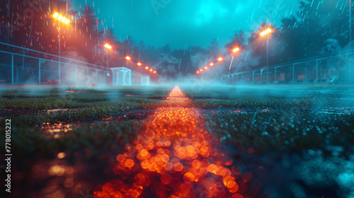 textured game field with neon fog - center  midfield. 3D Illustration.