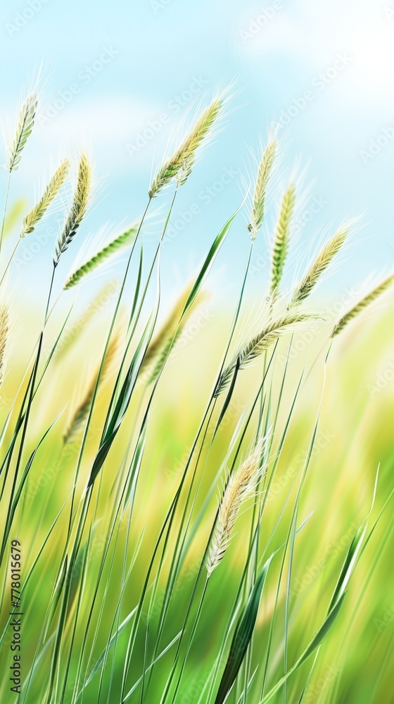 Fototapeta premium Golden Wheat Ears Dancing in the Breeze on a Sunny Day at the Fields Edge