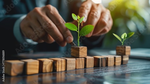 A businessman is putting wooden blocks with a growing plant on a table, depicting the concept of business growth and development in the financial industry This stock photo could be used for banner ad. photo