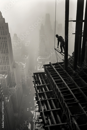 Generative AI illustration of solitary construction worker balances on a skyscraper's edge overlooking a foggy cityscape © ADDICTIVE STOCK CORE