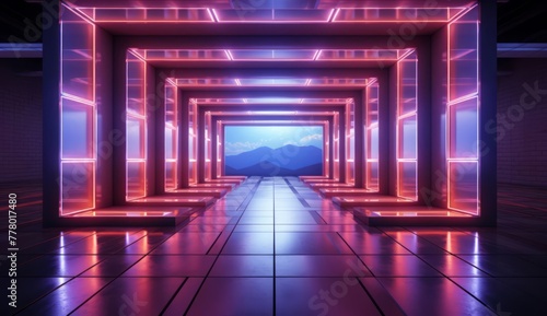 Generative AI illustration of neon gateway a futuristic corridor of illuminated frames leading to a mountain vista