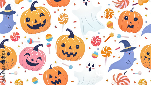 Cute Halloween pattern, vector style, playful pumpkins, friendly