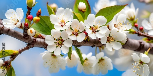 Beautiful pink  white cherry blossom branch on blue sky background