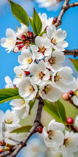 Beautiful pink  white cherry blossom branch on blue sky background