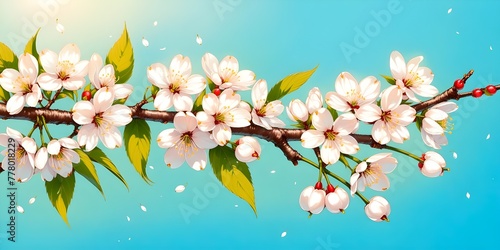 Beautiful pink  white cherry blossom branch on blue sky background