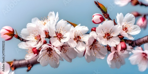 Beautiful pink  white cherry blossom branch on blue sky background