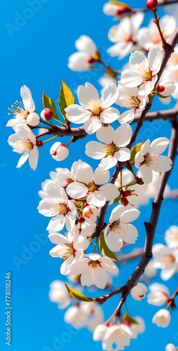 Beautiful pink  white cherry blossom branch on blue sky background