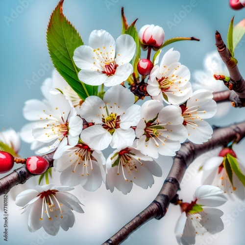 Beautiful pink  white cherry blossom branch on blue sky background