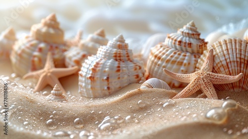 Assorted seashells and starfish arranged in a meticulous pattern on sandy beach texture, capturing the essence of marine life. photo