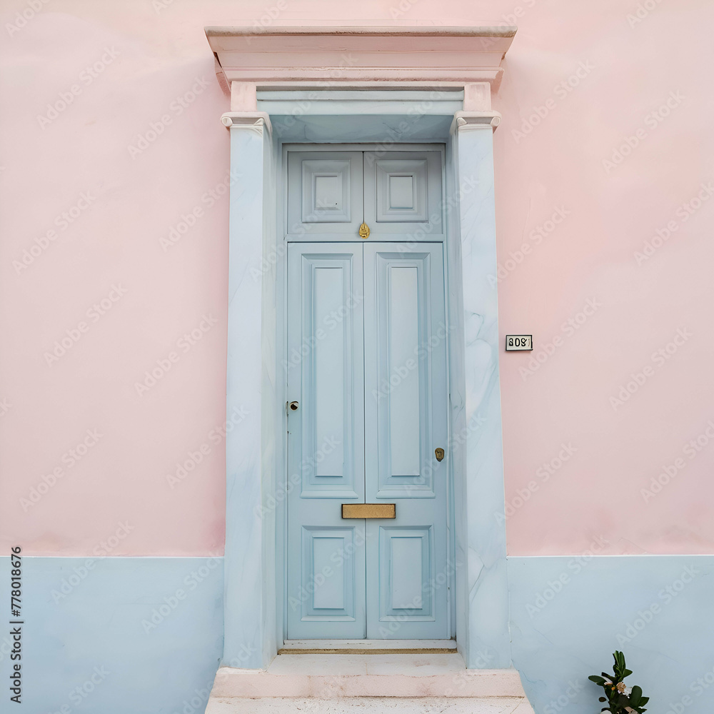 Pastel pink building with light blue door and marble