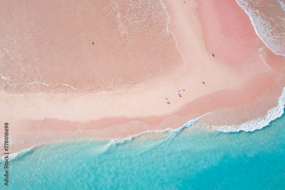 Fototapeta premium Top view of amazing pastel pink blue beach