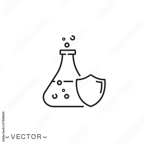 proof chemical resistant icon, flask with shield, protection against chemistry, safety laboratory experiment, toxic defense, thin line symbol isolated on white background, editable stroke eps10 vector