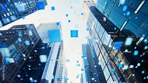 A background of digital skyscrapers with blue and white squares representing the data flowing between them.
