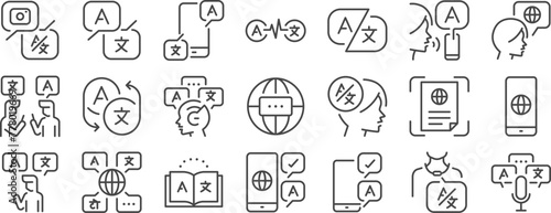 Translation icon set. It includes translator, translate, app, and more icons. Editable Vector Stroke.