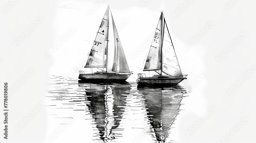 Sailing boats on water, in simple black and white photography style, minimalist pencil lines, reflections and mirroring