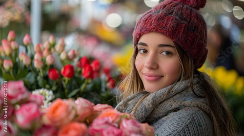 Young Woman Holding Bunch of Flowers