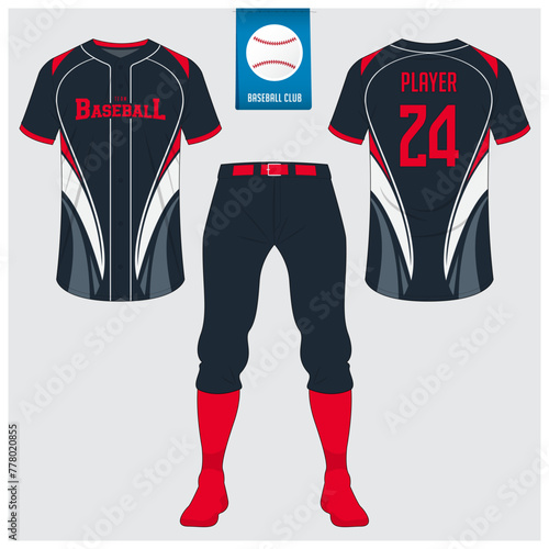 Baseball uniform or baseball jersey mock up. Sportswear, t-shirt sport, short, sock template. Front and back view baseball kit. Flat baseball logo on blue label. 