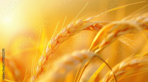 Closeup on golden wheat field or rice barley farming. Rye of barley plants harvest and agriculture background.