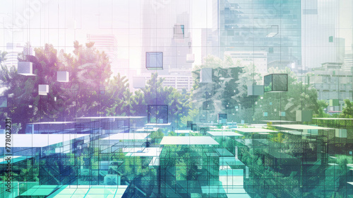 A digital rendering of an urban landscape, featuring green spaces and glass buildings. 