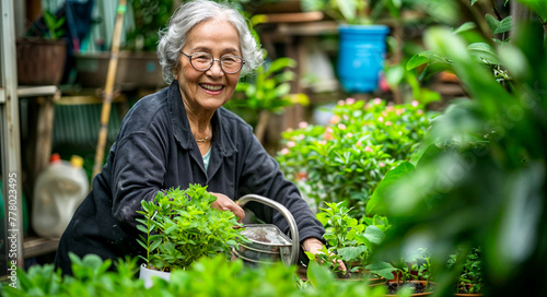 Senior Joy in Gardening, Active Elderly Woman Tending Plants in Greenhouse, Lifestyle Magazine, Community Workshop, Horticulture Education, Eco-Friendly, Vegetarian Heathy Food Concept