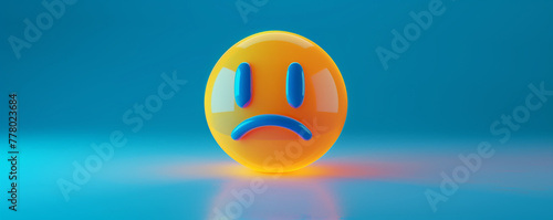 3D rendered sad emoji with a glossy finish on a blue gradient background.