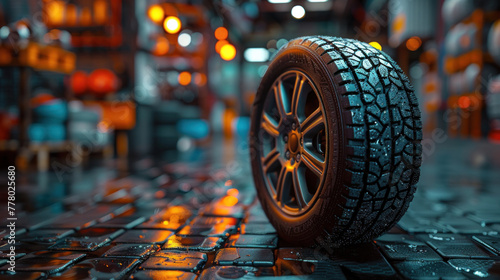 A tire is displayed against the backdrop of a repairing service garage, setting the scene for automotive maintenance and repair.