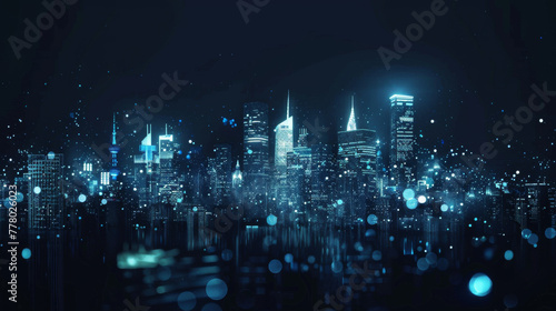 Digital cityscape with skyscrapers made of glowing blue and white dots, representing the power and appeal of AI in urban design. 