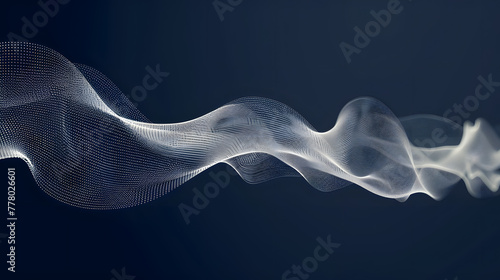 A minimalist composition of an abstract sound wave made from white mesh against a dark blue background