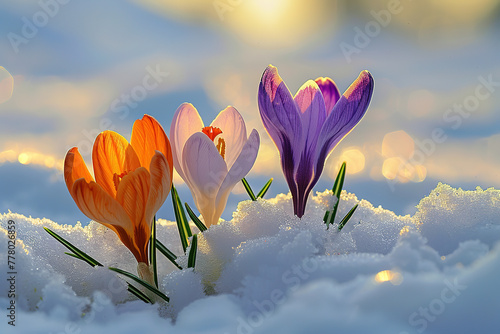Purple and orange crocuses bloom from under the snow © Oleksandr