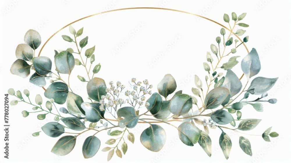 Chic watercolor wreath of eucalyptus and baby's breath in a thin oval gold frame, - obrazy, fototapety, plakaty 