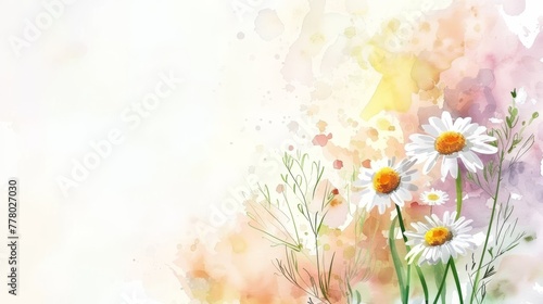Cheerful watercolor daisy and buttercup bouquet  minimalist bright background 