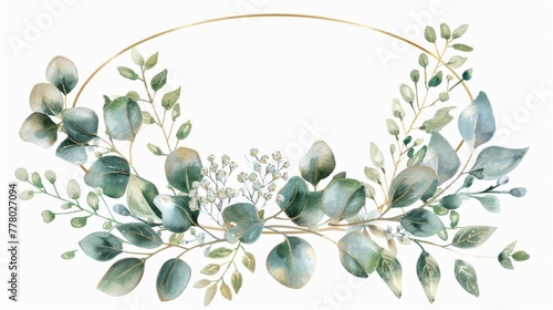 Chic watercolor wreath of eucalyptus and baby's breath in a thin oval gold frame, photo