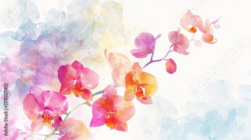 Elegant watercolor orchids with a simplistic bright background, greeting card design,