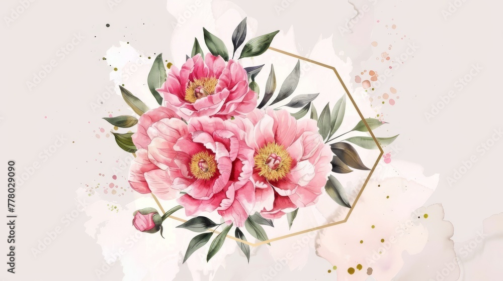 Peony wreath with a hexagonal frame, watercolor style, simple bright backdrop,