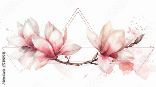 Magnolia wreath with a triangular frame  watercolor  bright simple background 