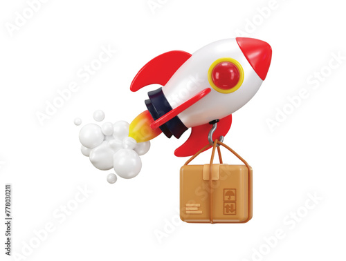 3d flying rocket on delivery box icon concept of fast delivery vector icon illustration