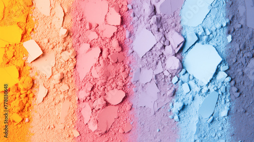 Colorful background with close up of a makeup swatch of crushed multicolored eyeshadow. Beauty and makeup concept. photo