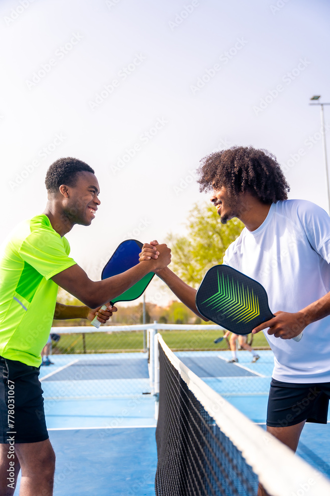 Fototapeta premium African sportive men shaking hands before playing pickleball