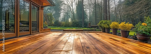 In early spring, refinish the patio of a big home with a walk-out cedar wood deck. photo